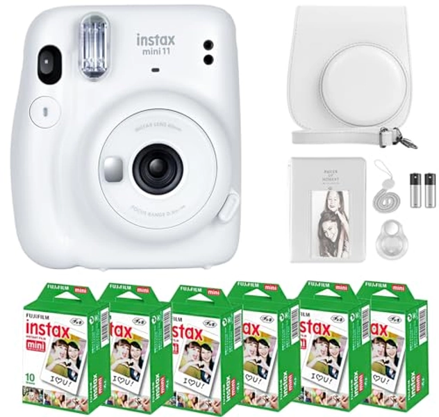 Fujifilm Instax Mini 11 Camera with Fujifilm Instant Mini Film (60 Sheets) Bundle with Deals Number One Accessories Including Carrying Case, Selfie Lens, Photo Album, Stickers (Ice White)