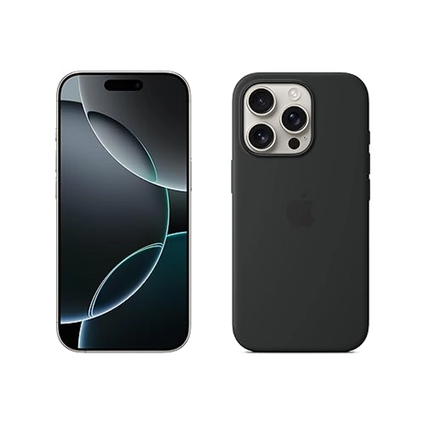 Apple iPhone 16 Pro 256 GB - Titan Natur + Silikon Case mit MagSafe – Schwarz