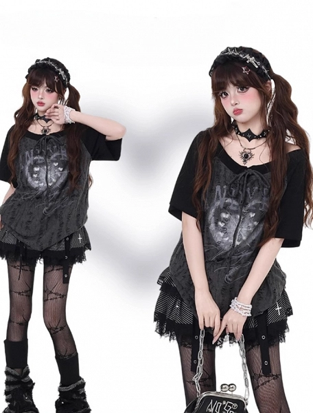 Black and Gray Colorblock Design Self-tie Strap Neckline Distressed Holes Graphic T-shirt