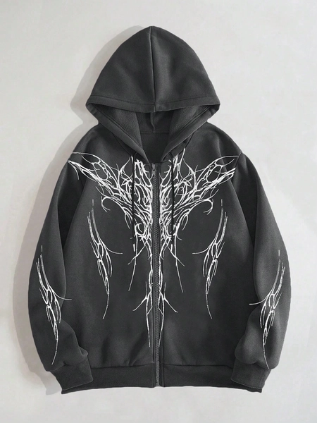 ROMWE Grunge Punk Men's Graphic Printed Zipper Hoodie, School