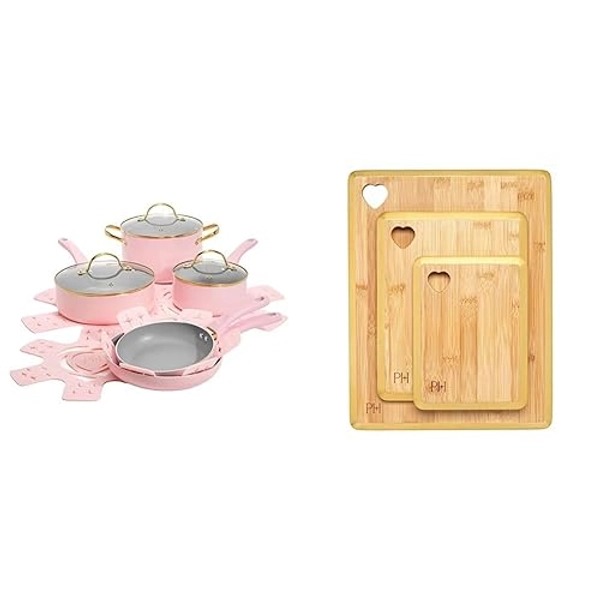 Paris Hilton 12-Piece Pink Cookware Set + 3-Piece Gold Bamboo Cutting Board Set
