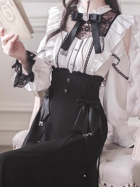 [$54.00]Jirai Kei Style White Blouse with Contrast Black Lace Neckline & Shoulder Cutouts