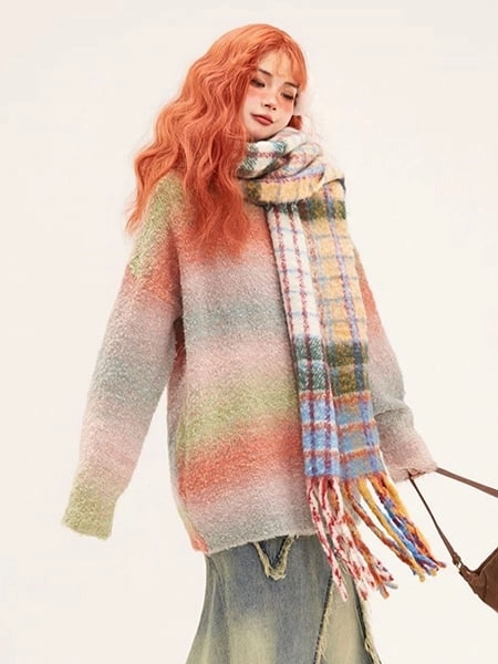 [$43.00]Pastel Rainbow Ombre Color Pullover Sweater