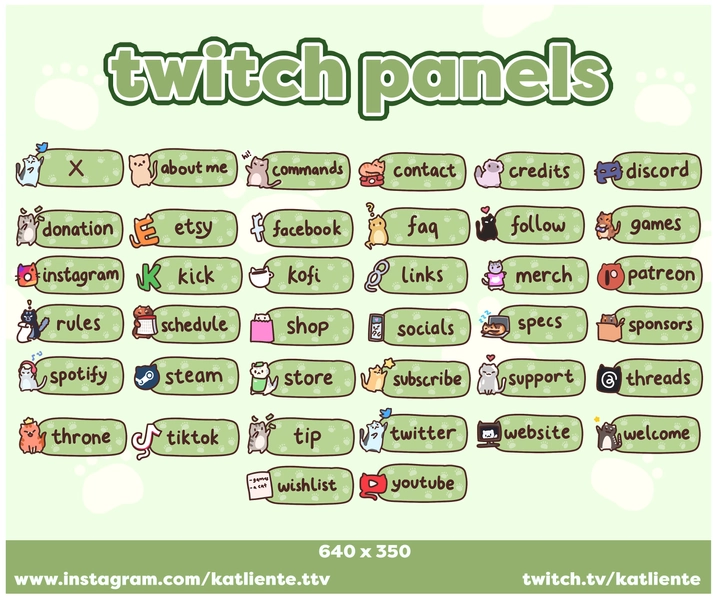 38x Cute Pastel Sage Green Cat Kitty Animal Pet Tabby Doodle Handdrawn Harajuku Panels for Twitch | Katliente, Kaliente