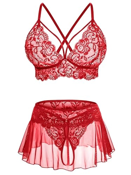 CRIPOM Sexy Lingerie for Women Naughty 3 Piece Lace Bralette, Mini Skirt with G-String Crotchless Lingerie Outfits