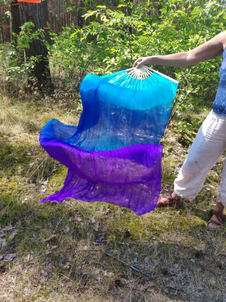 Silk Fan ~ Light Blue Dark Blue Purple Violet Fan Silk Dance Costume Performance Music Festival Party Blacklight Summer GOA Hippie Flow