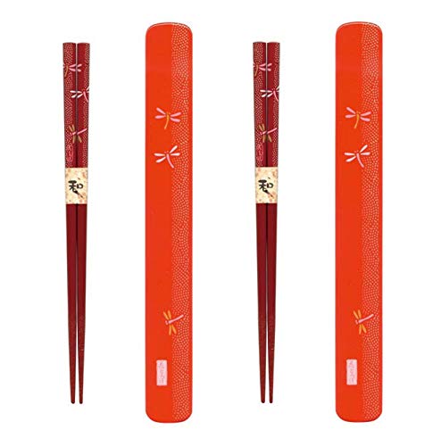 JapanBargain 3688, Travel Chopsticks with Case Reusable Chinese Korean Japanese Bamboo Portable Chop Sticks Utensil Dishwasher Safe Made in Japan, Red Dragonfly, Set of 2 - 2 - Red-Dragonfly