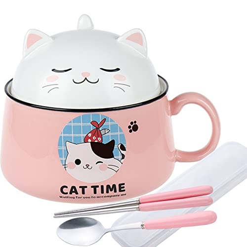 Ramen Bowl with Lid, Cute Cat Instant Noodle Bowl, 34.5 OZ Ramen Cooker with Chopsticks and Spoon, Bowl with Handle For Soup, Salad, Cereal, Pasta, Dessert(Pink) - Pink