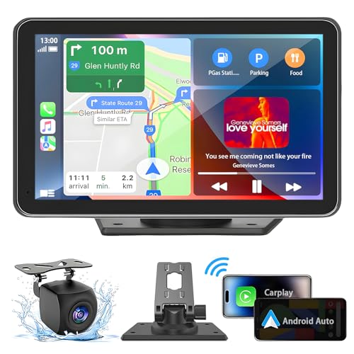 Portable Apple Carplay Screen for Car, 7" Wireless Carplay & Android Auto with Bluetooth, HD Backup Camera, GPS Navigation, Siri, FM, AUX, Mirror Link for All Vehicles