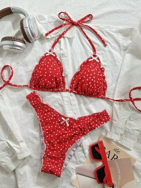 Red Polka Dot Print Ruffled Halter Tie Bikini Set