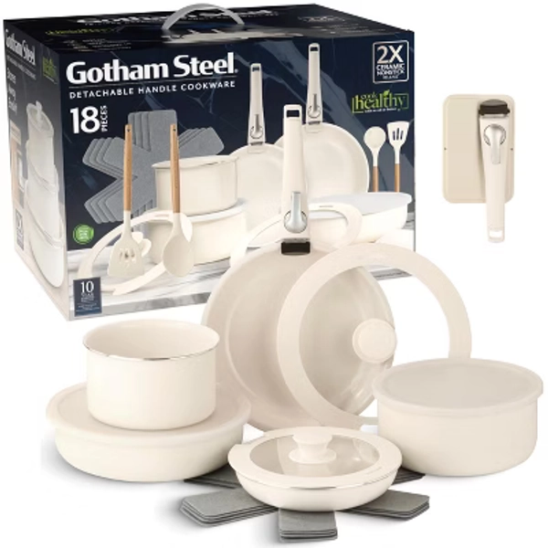 Gotham Steel Nonstick Pots and Pans 18 Piece Ceramic Induction Cookware Kitchen Set Detachable Handles Frying Skillet, Cream