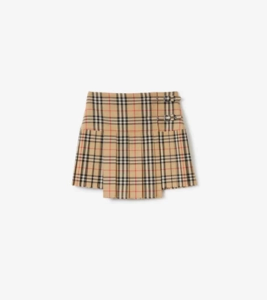 Pleated Check Wool Mini Kilt in Archive beige - Women | Burberry® Official