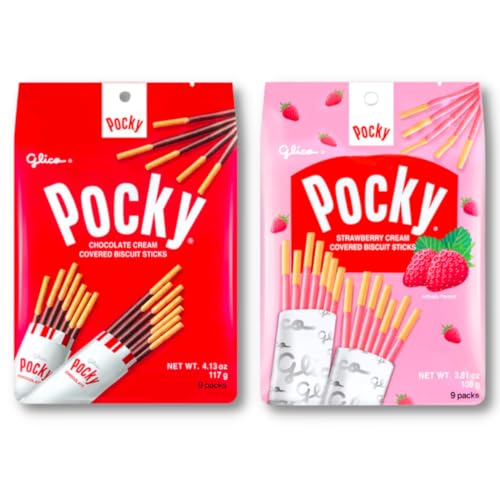 Pocky Family Pack Sticks, 2 Packs Variety Pack of Chocolate and Strawberry Cream Covered Biscuit, 9 Count Per Pack, Made in Japan