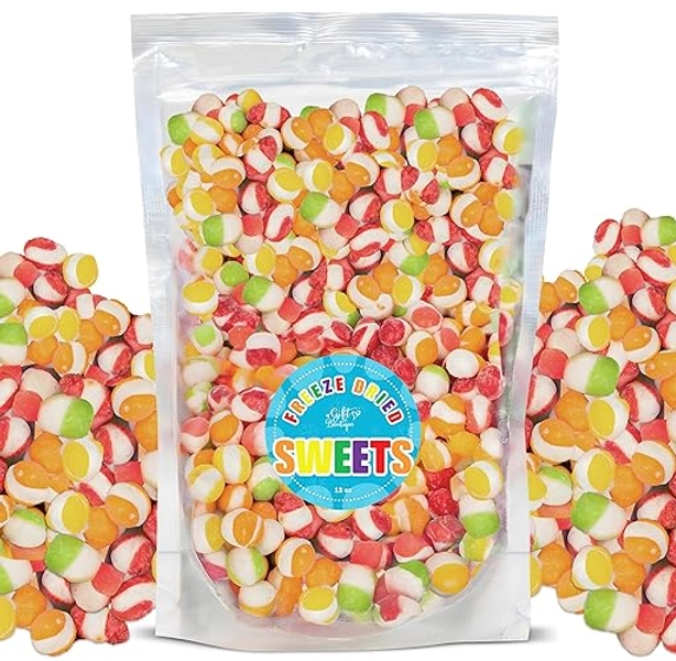 Freeze Dried Candy Gourmet Crunch Candies 12oz Bag Pouch Assorted Cherry Strawberry Lemon Lime Orange Original Rainbow Fruity Flavor Ideal Gift Snack
