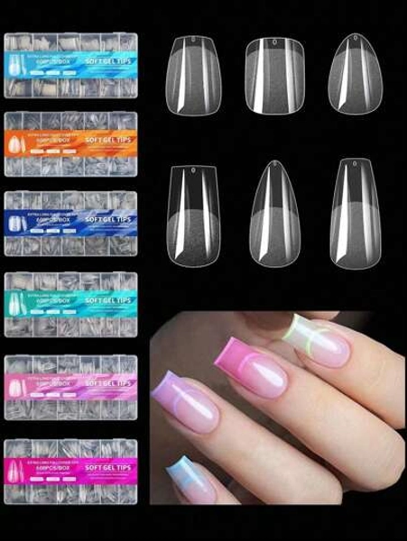 600 st heltäckande press på nagelspetsar Stiletto Mandel Fyrkantig kista Fransk Falsk Fake Soak Off Gel Nagelförlängningstips Kapselpress på naglar Nageltillbehör