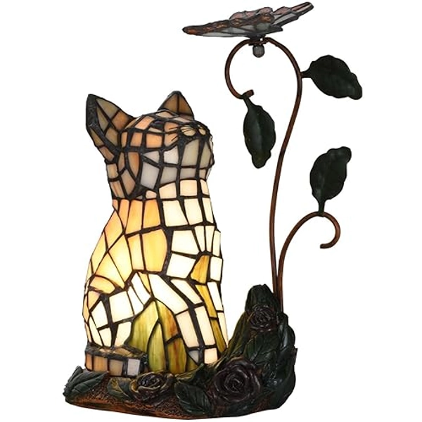 Bieye L10891 Tiffany-Style Stained Glass Cat Accent Table Lamp - Adorable Orange Cat Watching a Butterfly - 10-Inch Tall