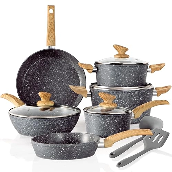 Kitchen Academy Induction Cookware Sets - 12 Piece Gray Cooking Pan Set, Granite Nonstick Pots and Pans Set