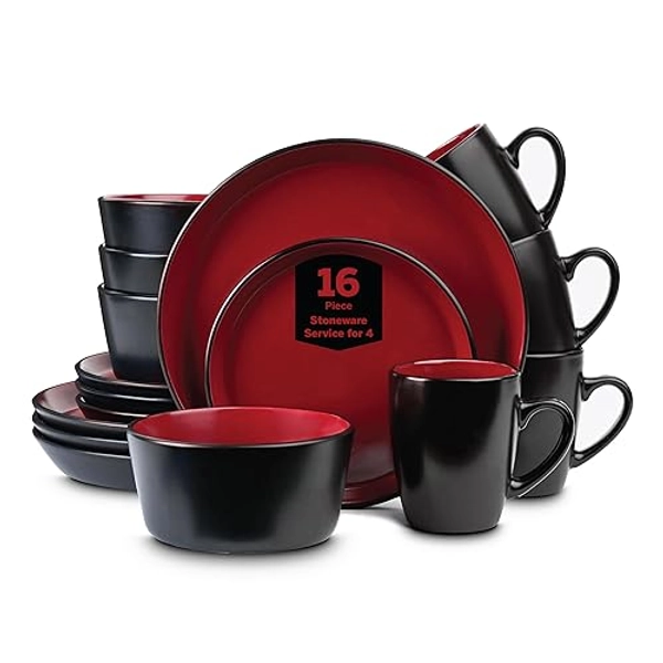 Stone Lain Albie Stoneware 16-Piece Modern Dinnerware Set, Kitchen Plates and Bowls Sets, Dish Set for 4, Red and Black