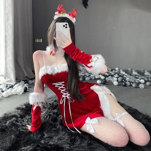 High Slit Santa Claus Inspired Dress with Antler Headband