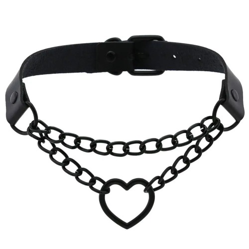 Chained Heart Choker Necklace in Thick Vegan Leather - Black