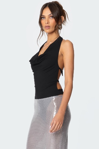Backless Cowl Neck Bodysuit | BLACK / S