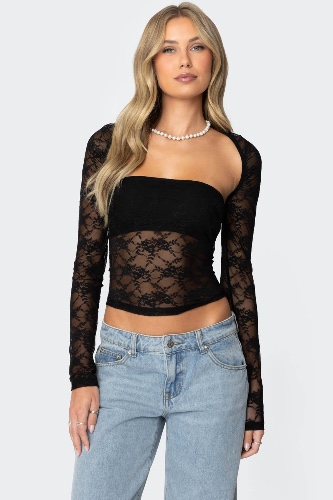 Addison Sheer Lace Two Piece Top | BLACK / S