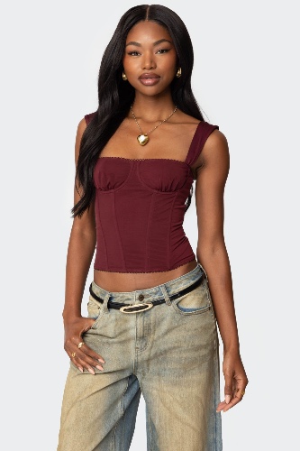Marcella Wide Strap Mesh Corset | BURGUNDY / S