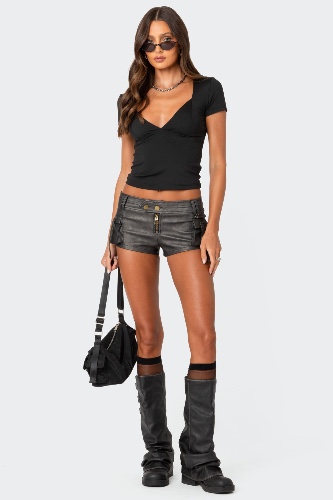 Washed Faux Leather Micro Cargo Shorts | BLACK WASHED / M
