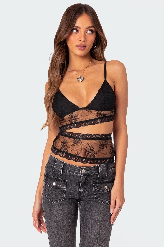 Spice Cut Out Sheer Lace Tank Top | BLACK / S