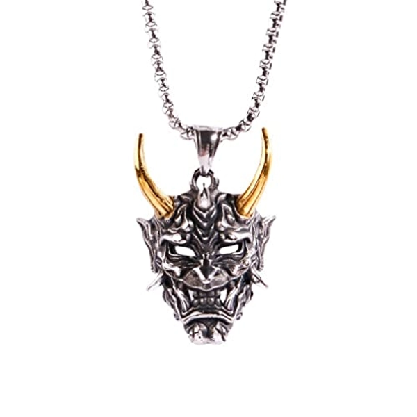 Skull Necklace for Men, Golden Horn Skull Necklace, Gothic Demon Skull Head Necklace Halloween, Viking Skull Pendant Necklace with 23.6” Chain