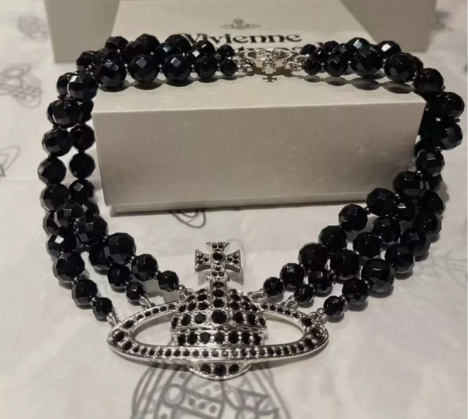 Vivienne Westwood Messaline Triple Three Row Black Gem Silver Necklace Choker