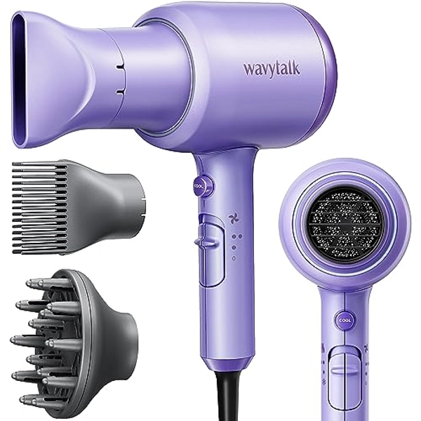 Wavytalk Ionic Blow Dryer with Diffuser - Professional 1875W Hair Dryer for Women, Constant Temperature, Comb for Fasting Drying, Light and Quiet, Purple
