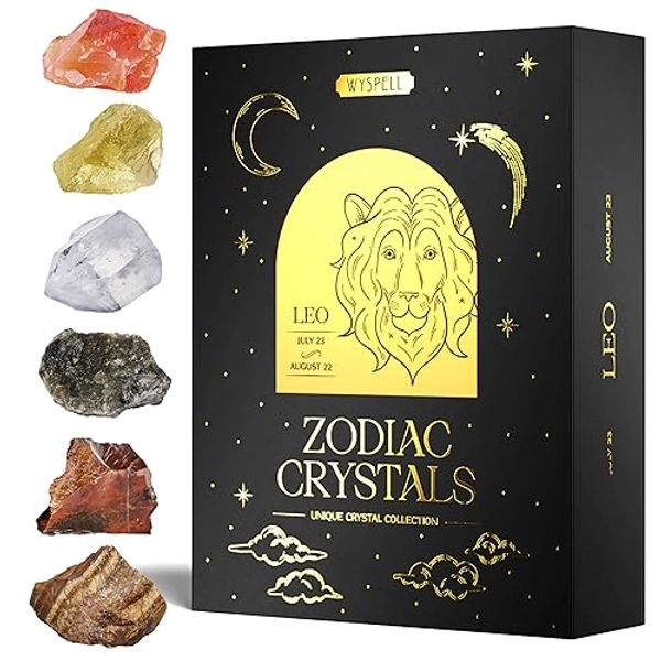 Wyspell Leo Crystal Set - 6 Raw Leo Crystals and Healing Stones - Leo Zodiac Gifts for Women - Leo Healing Gifts - Birthday Gifts for Women - Astrology Gifts for Women - Zodiac Crystal Set