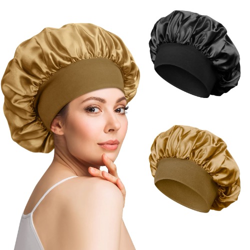 Pack of 2 Satin Bonnet Sleeping Cap Silk Curls Breathable Silk Sleeping Cap Adjustable Silk Bonnet Silk Cap for Sleeping Soft Satin Hood for Women Girls (Black, Gold)