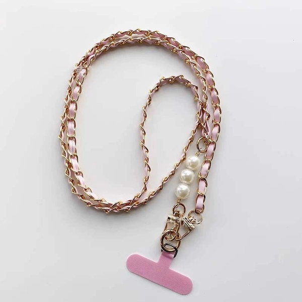 PU Leather Metal Chain Phone Lanyard with Pearl Accents Crossbody Purse Strap - Pink
