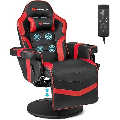 Goplus Gaming Chair, Height Adjustable Massage Video Game Chair with Retractable Footrest, Cup Holder, Headrest, Swivel Office Chair, Racing Style Swivel Gamer Chair (Red) - Red - Height Adjustable