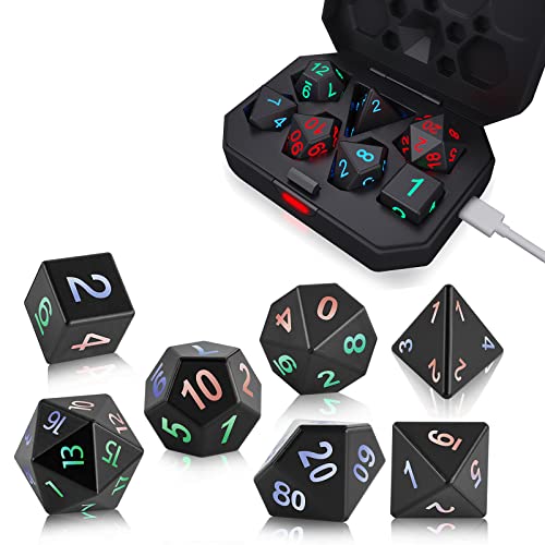 Light Up DND Dice for Dungeon and Dragons, 7 Pcs Glowing Polyhedral Dice Set with Charging Box, Rechargeable Electronic Dice, Luminous RPG LED Dice, Role Playing Table Games