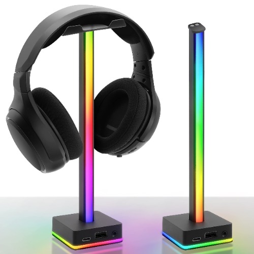 EZDIY-FAB USB LED Light Bar Headphones Stand, Desktop Atmosphere RGB Backlight,50 Built-in Color Modes, Headphone Holder for Gamers Gaming PC PS5 Accessories Desk- Black