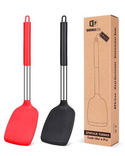 Silicone Spatula Set of 2 Non Stick Solid Kitchen Turner High Heat Resistant BPA Free Cooking Utensils Ideal Cookware for Fish Eggs Pancakes(Black-Red)