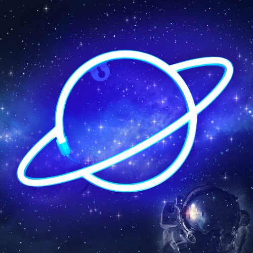 Planet Neon Light Signs - Blue LED Neon Sign Wall Decor Neon Lamp Light Battery/USB Operated Planet Lamp Neon Night Lights Signs for Bedroom, Kids Room, Christmas, Wedding, Birthday Party Decor