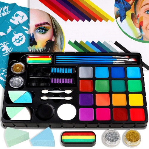 Face Painting Kit for Kids Halloween Face Paint Kits 18 Colors, 28 Stencils, Split Cake, 2 Hair Chalks 6 Brushes 2 Glitter 4 Sponges Body Paints Set Make Up Palette Skin Safe