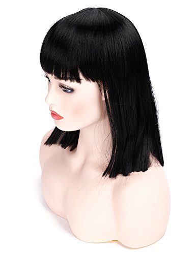 Morvally 35,6 cm kurze gerade Bob Wig Heat Resistant Hair with Flat Bangs Natural Looking Cosplay Costume Daily Wigs (Natural Black) - Black