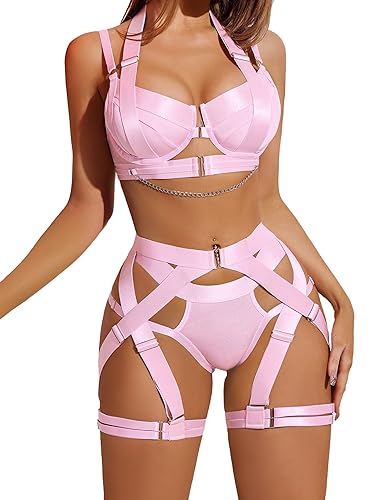 Avidlove Dessous Damen Sexy Unterwäsche Push Up BH mit Bügel Slip Verstellbar Riemen Curvy Lingerie Set Mit Strapsen Beinbänder Neckholder - S - Rosa