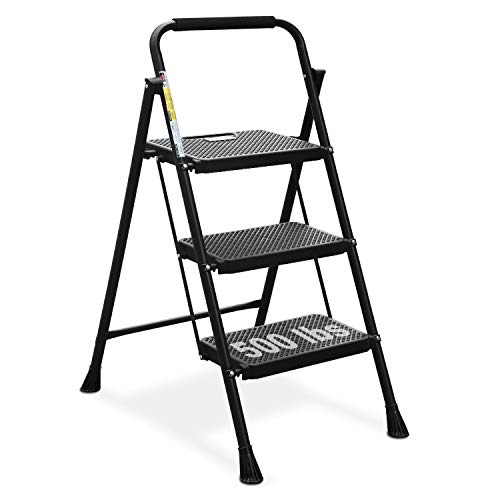 HBTower 3 Step Ladder, Folding Step Stool with Wide Anti-Slip Pedal, 500lbs Sturdy Steel Ladder, Convenient Handgrip, Lightweight, Portable Steel Step Stool, Black - 3-Step - Black