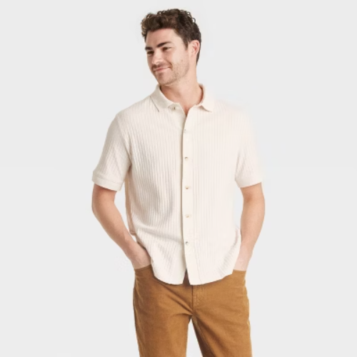 Men's Full Button Polo Shirt - Goodfellow & Co™ Light Beige L