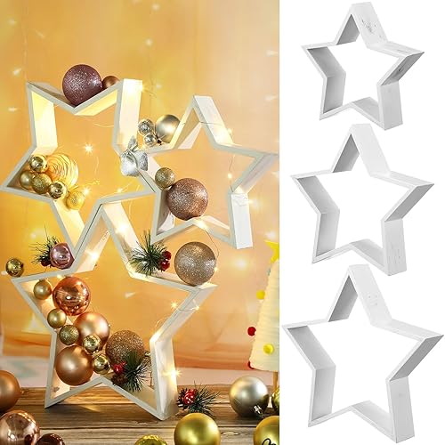 Cinnvoice 3 PCS Wooden Star Christmas Tabletop Decor Christmas Farmhouse Centerpiece Star Sign Craft for Fireplace Mantle Shelf Xmas Table Accents Rustic White Wood Star DIY Ornament for Home