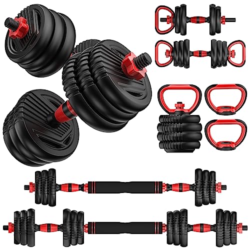 UNNMIIY Adjustable Dumbbells, 10/25/35/55/70/90lbs Free Weight Set with Connector, 4 in1 Dumbbells Set Used as Barbell, Kettlebells, Push up Stand, Fitness Exercises for Home Gym Suitable Men/Women - 20LBS(10LBS PAIR)