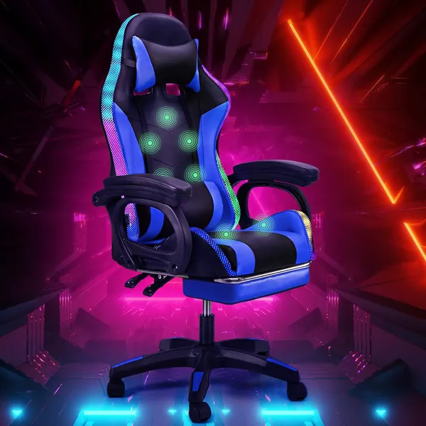 Furb Gaming Chair RGB LED Lights 7-Point Massage with 5 Modes Function PU Leather Recliner Max 180KG Capacity Blue