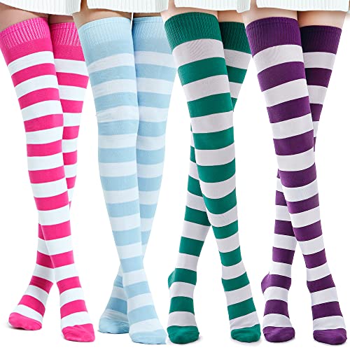 Kayhoma Extra Long Cotton Stripe Thigh High Socks Over the Knee High Socks - Blue/Fuschia/Green/Purple