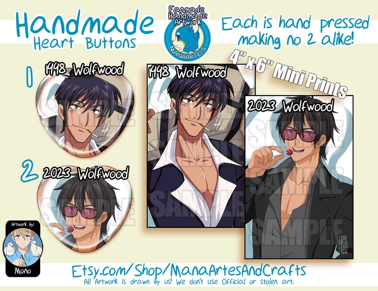 Wolfwood Trigun Stampede Remake | Heart Badge | Mini Print 4" x 6" | 2.25" Heart Pin Back Buttons
